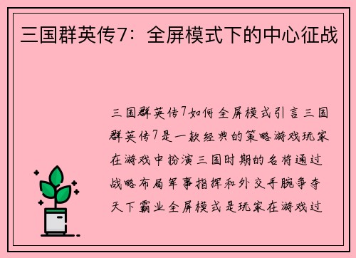 三国群英传7：全屏模式下的中心征战